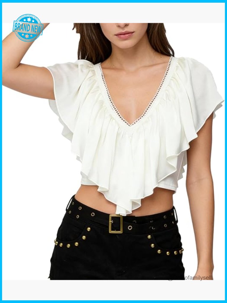 Ruffled V Neck Crop Top Frill Trim Open Back Summer Going Out Blouse Boho Y2k